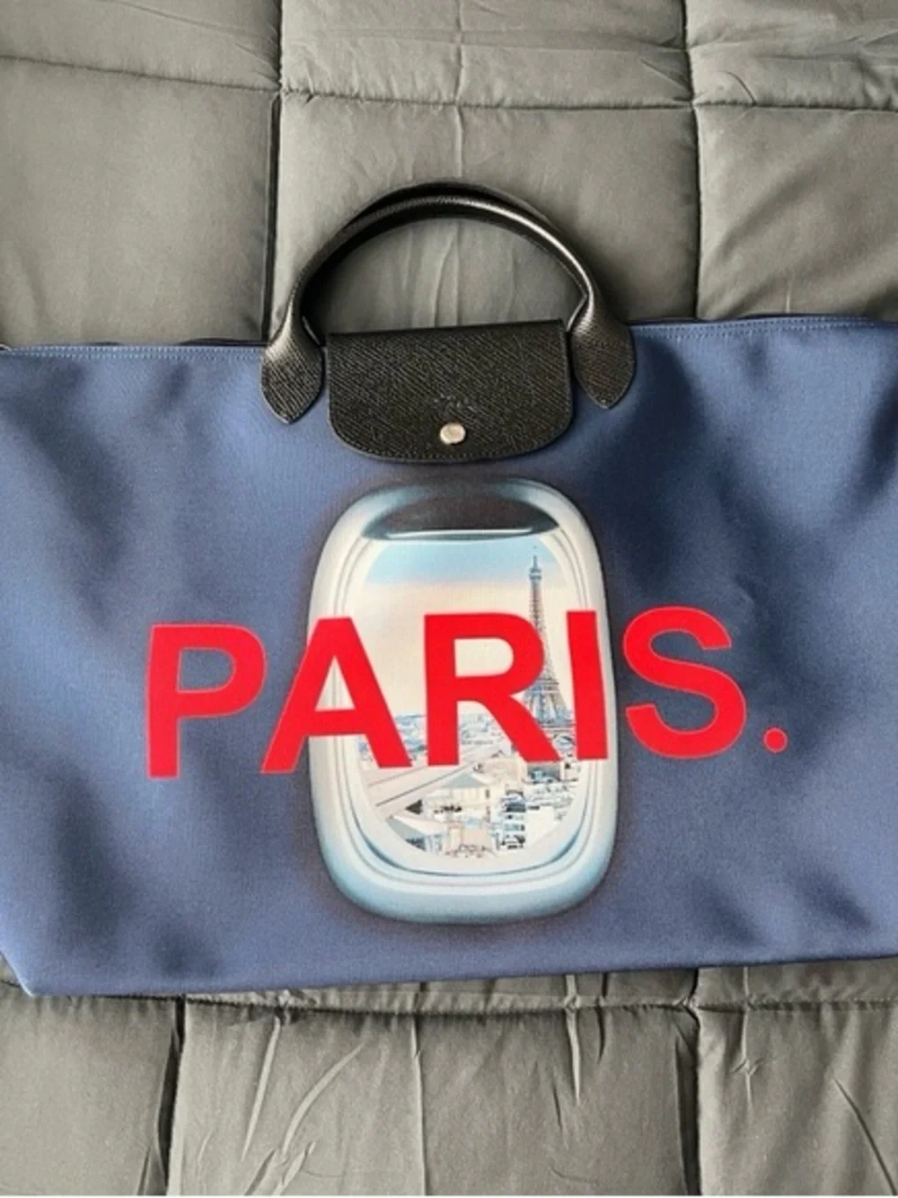 Longchamp Blue Travel Tote with Red PARIS Graphic and Black Trim